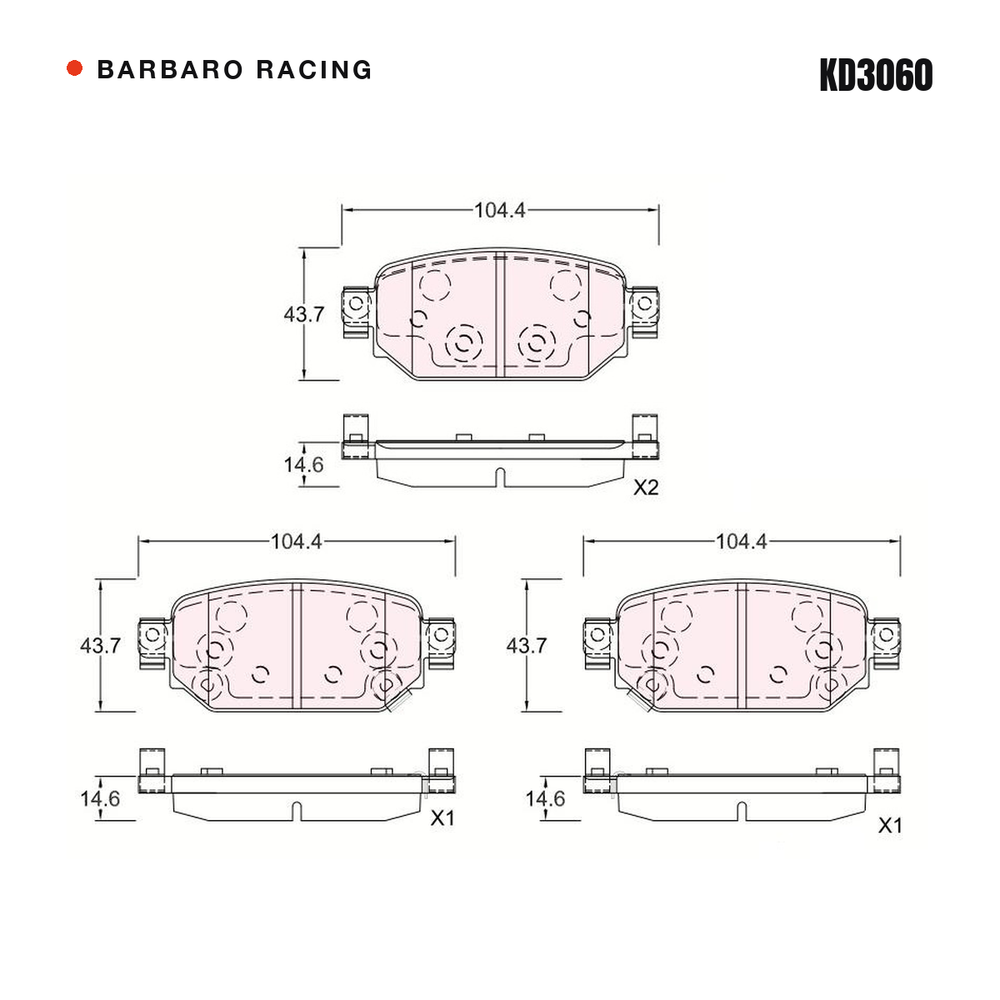 Barbaro Racing KD3060 brake pad shape drawing - 104.3 x 43.6 x 14.6 mm