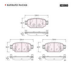 Barbaro Racing KD3060 brake pad shape drawing - 104.3 x 43.6 x 14.6 mm