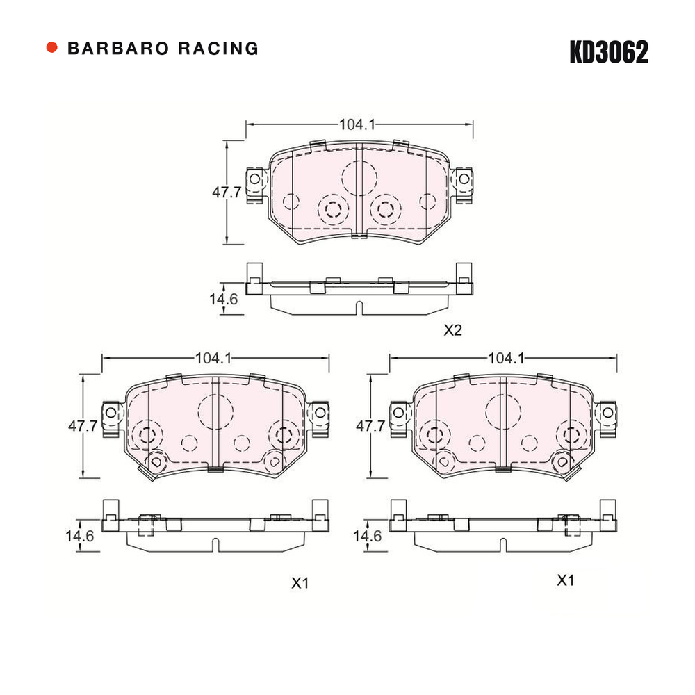 Barbaro Racing KD3062 brake pad shape drawing - 104.1 x 47.7 x 14.6 mm