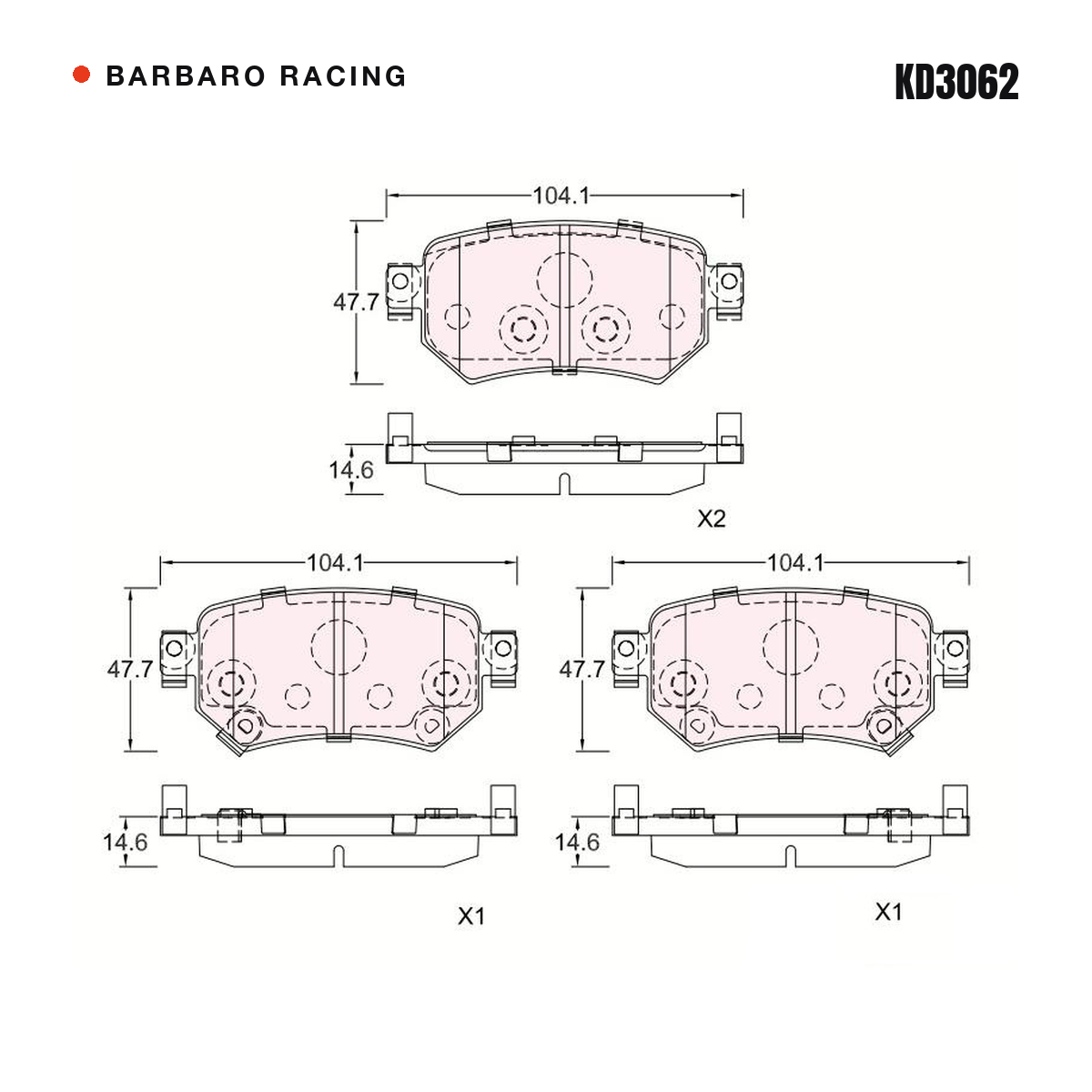 Barbaro Racing KD3062 brake pad shape drawing - 104.1 x 47.7 x 14.6 mm