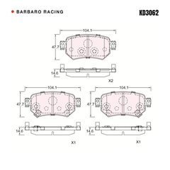 Barbaro Racing KD3062 brake pad shape drawing - 104.1 x 47.7 x 14.6 mm
