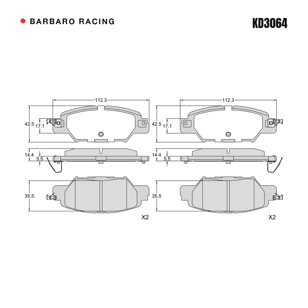 Barbaro Racing KD3064 brake pad shape drawing - 112.3 x 42.5 x 14.4 mm