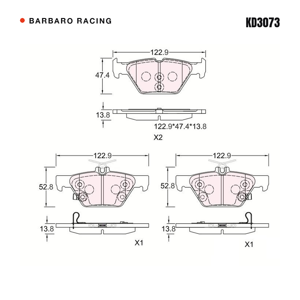 Barbaro Racing KD3073 brake pad shape drawing - 122.9 x 47.4 x 13.8 mm