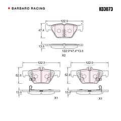 Barbaro Racing KD3073 brake pad shape drawing - 122.9 x 47.4 x 13.8 mm