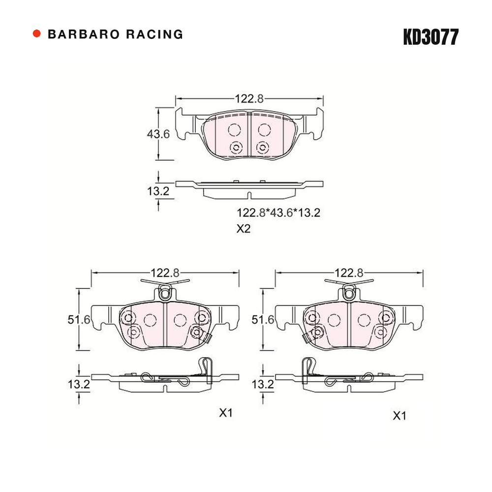 Barbaro Racing KD3077 brake pad shape drawing - 122.8 x 43.6 x 13.2 mm
