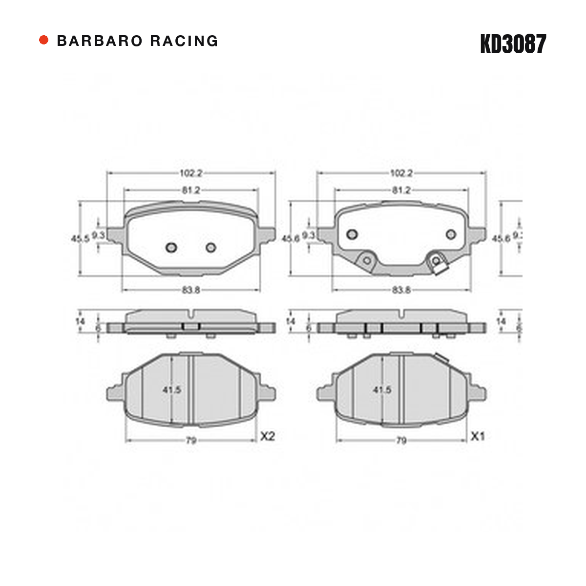 Barbaro Racing KD3087 brake pad shape drawing - 102.2 x 45.6 x 14 mm