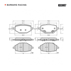 Barbaro Racing KD3087 brake pad shape drawing - 102.2 x 45.6 x 14 mm