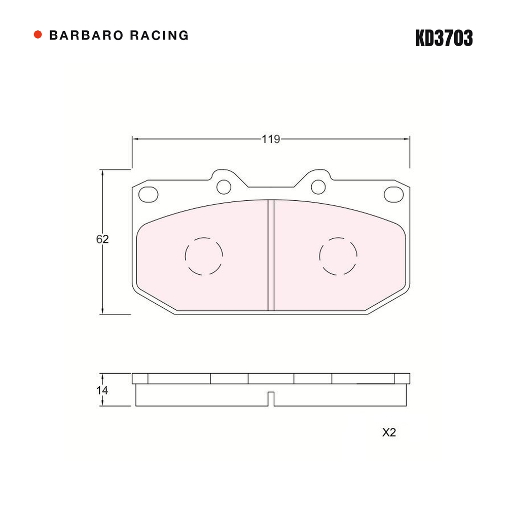 Barbaro Racing KD3703 brake pad shape drawing - 119 x 62 x 14 mm