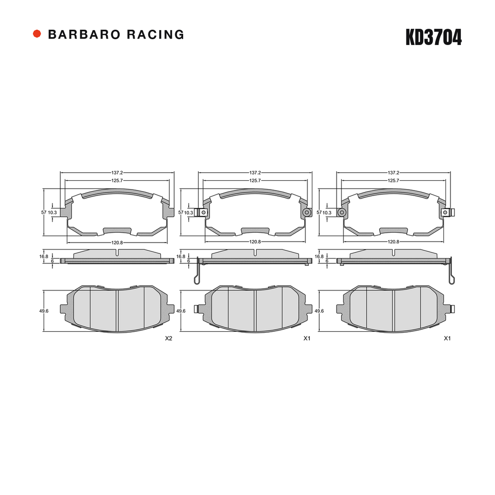Barbaro Racing KD3704 brake pad shape drawing - 137.2 x 57 x 16.8 mm