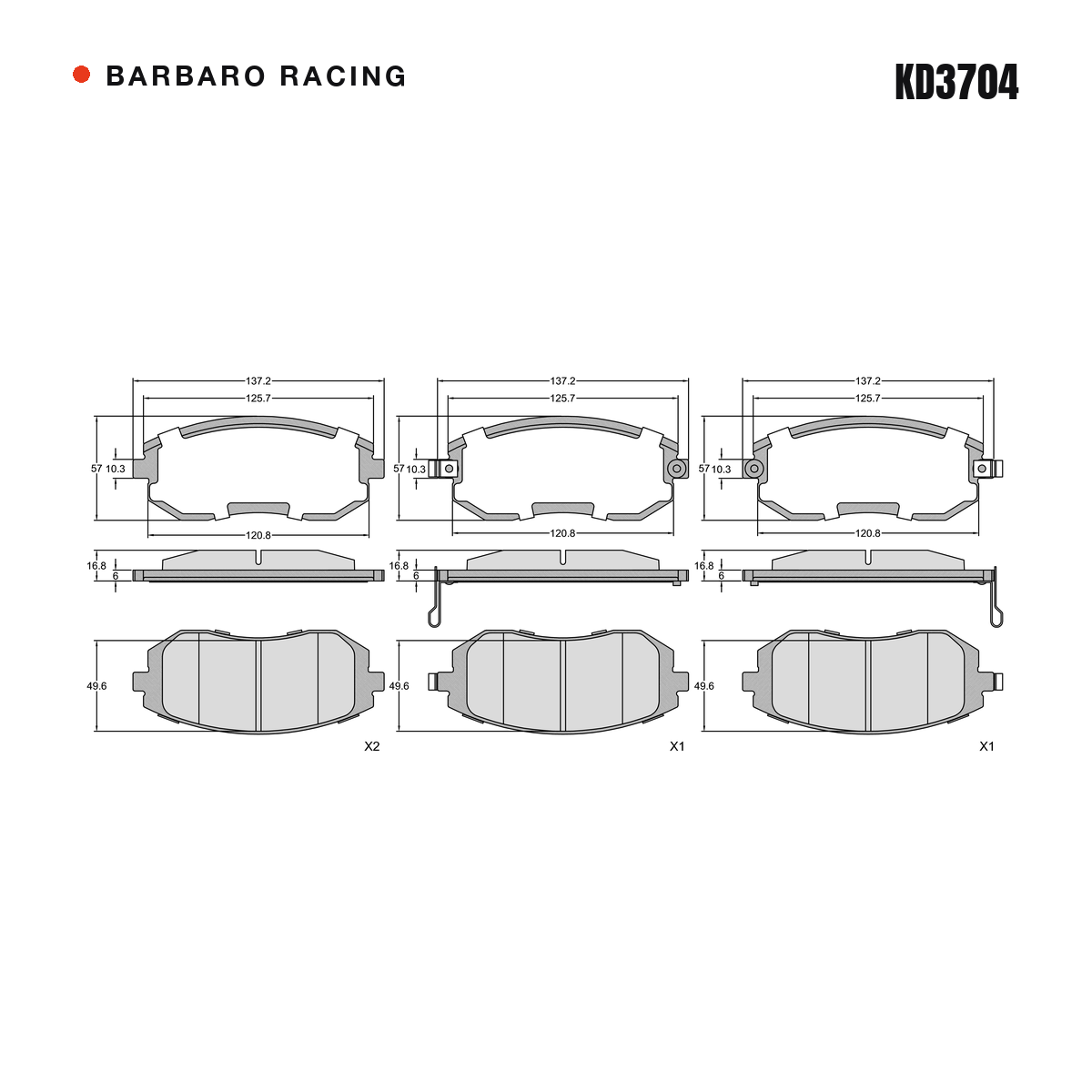 Barbaro Racing KD3704 brake pad shape drawing - 137.2 x 57 x 16.8 mm