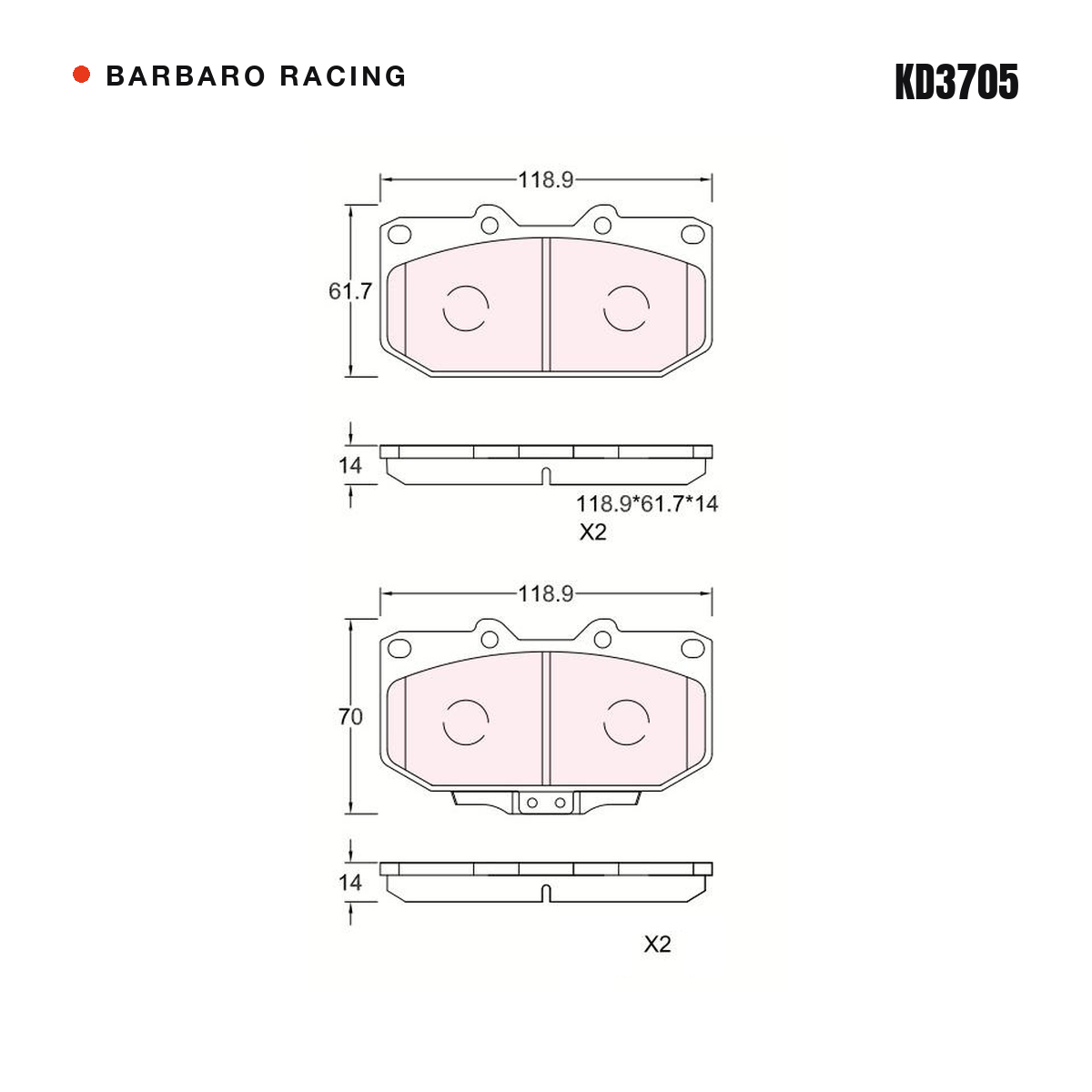 Barbaro Racing KD3705 brake pad shape drawing - 118.9 x 61.7 / 70 x 14 mm