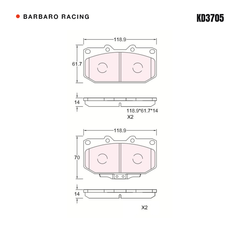 Barbaro Racing KD3705 brake pad shape drawing - 118.9 x 61.7 / 70 x 14 mm
