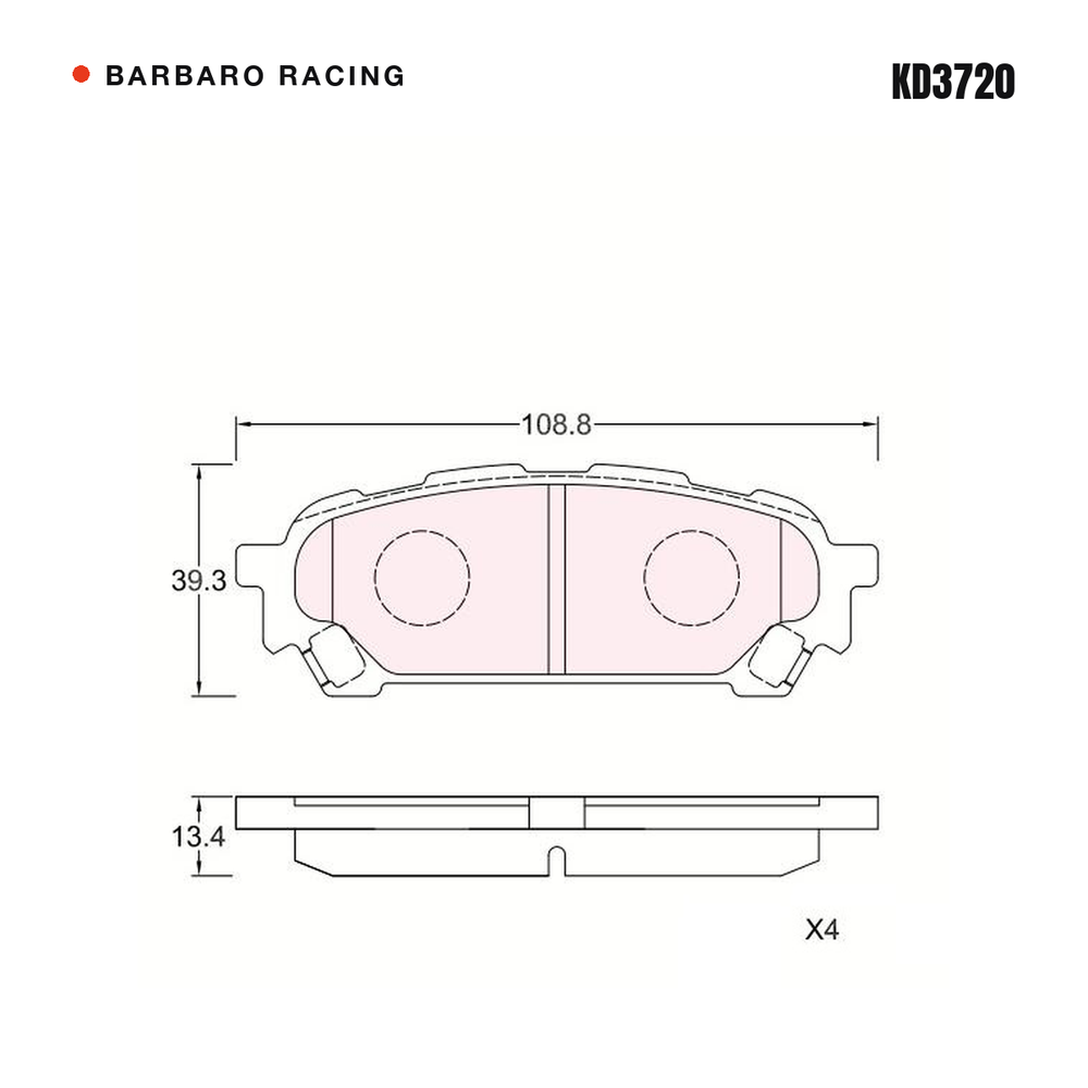 Barbaro Racing KD3720 brake pad shape drawing - 108.8 x 39.3 x 13.4 mm