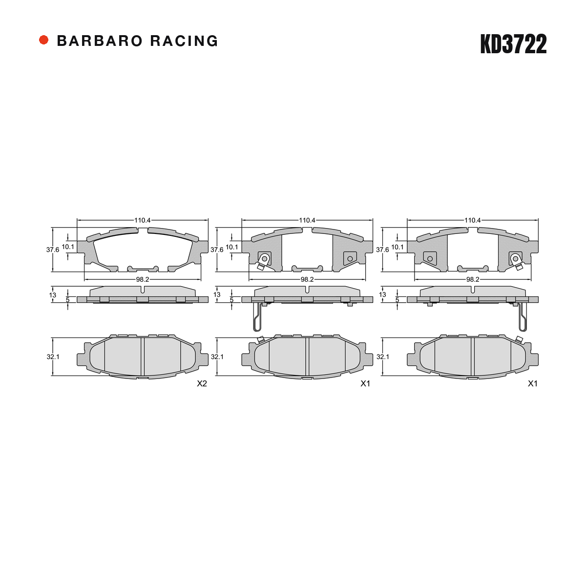 Barbaro Racing KD3722 brake pad shape drawing - 110.4 x 37.6 x 13 mm