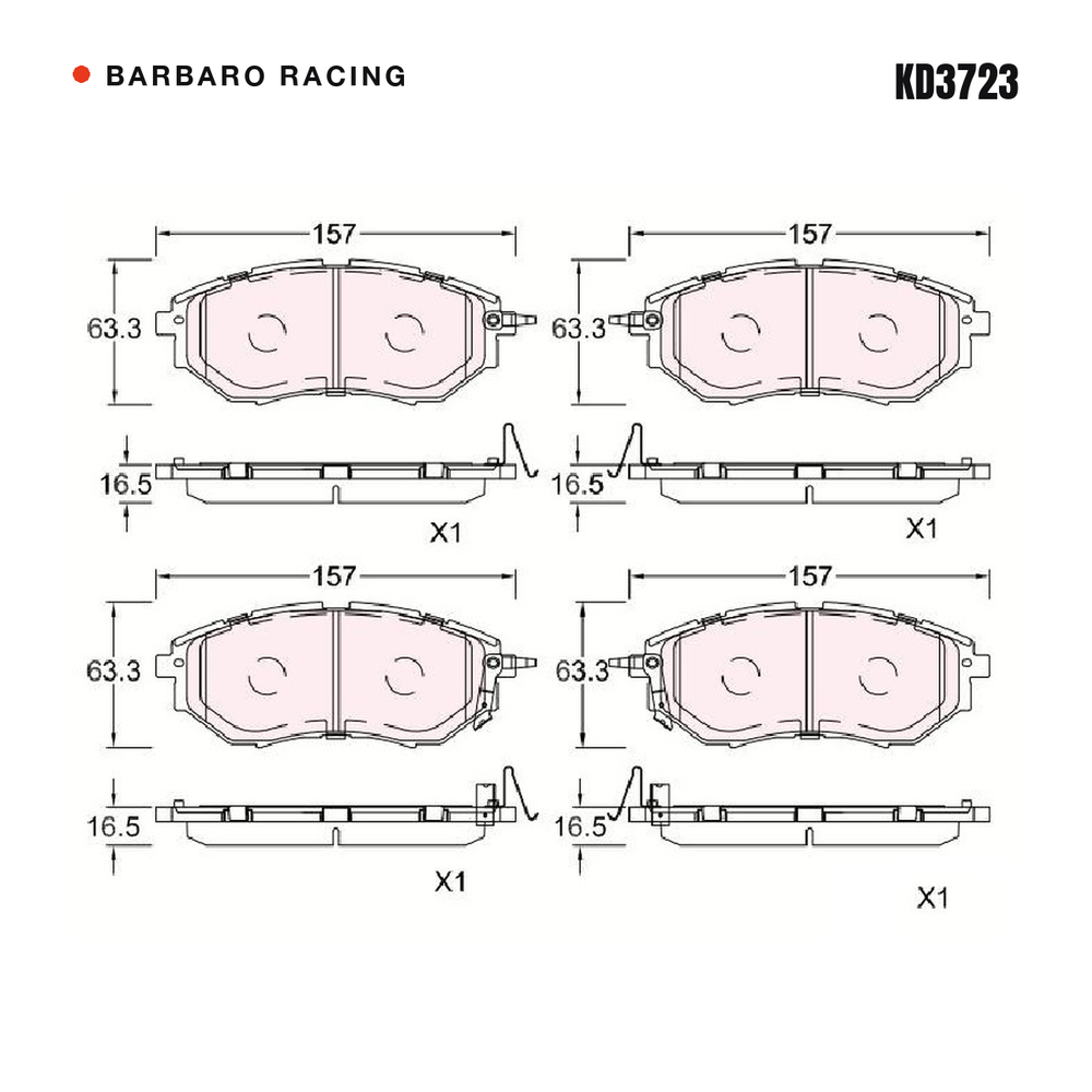 Barbaro Racing KD3723 brake pad shape drawing - 157 x 63.3 x 16.5 mm