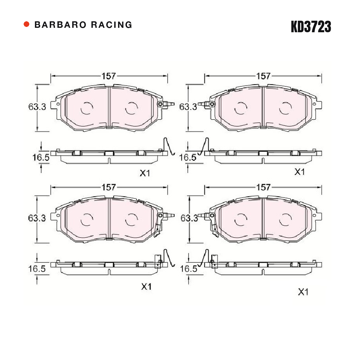 Barbaro Racing KD3723 brake pad shape drawing - 157 x 63.3 x 16.5 mm