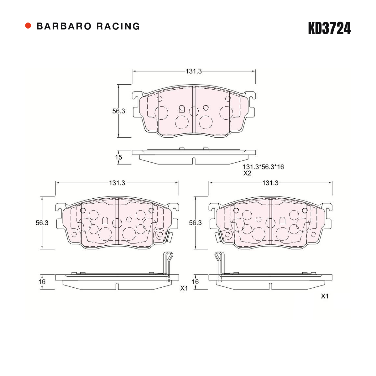 Barbaro Racing KD3724 brake pad shape drawing - 131.3 x 56.3 x 16 mm