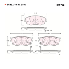 Barbaro Racing KD3724 brake pad shape drawing - 131.3 x 56.3 x 16 mm