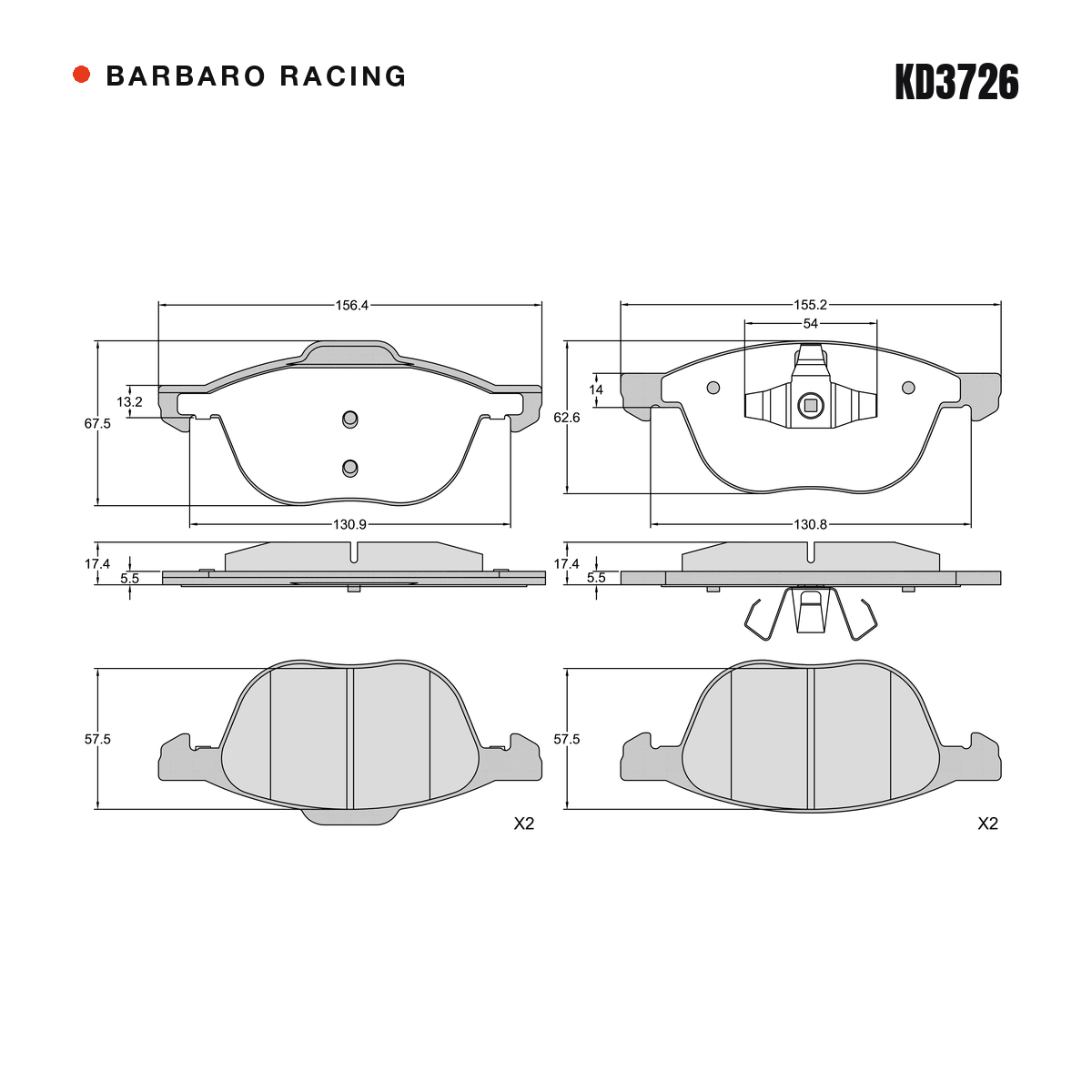 Barbaro Racing KD3726 brake pad shape drawing - 156.4 x 67.3 x 17.4 mm