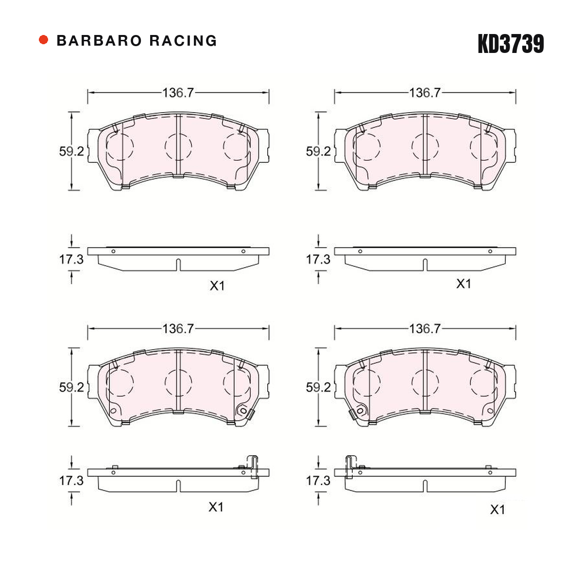 Barbaro Racing KD3739 brake pad shape drawing - 136.7 x 59.2 x 17.3 mm