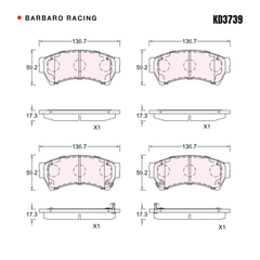 Barbaro Racing KD3739 brake pad shape drawing - 136.7 x 59.2 x 17.3 mm