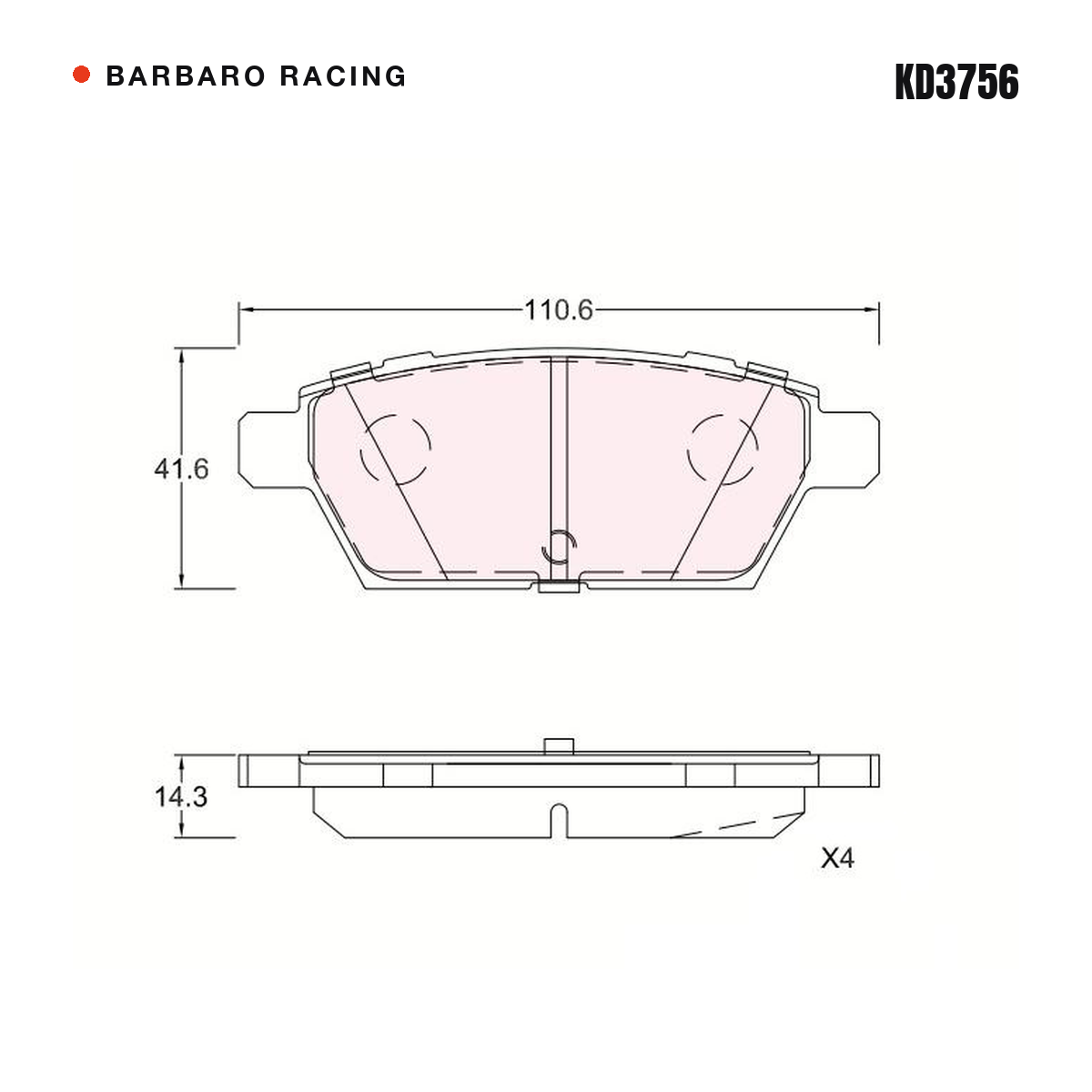 Barbaro Racing KD3756 brake pad shape drawing - 110.6 x 41.6 x 14.3 mm