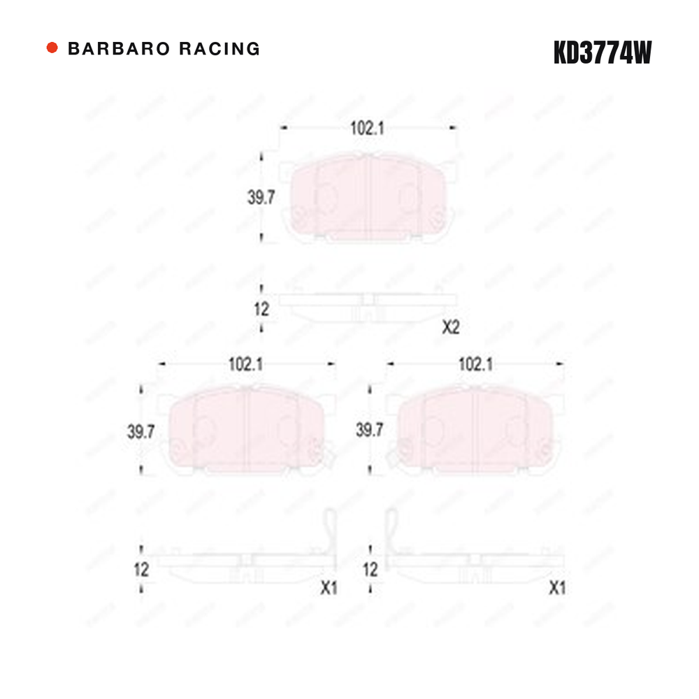 Barbaro Racing KD3774W brake pad shape drawing - 102.1 x 39.7 x 12 mm