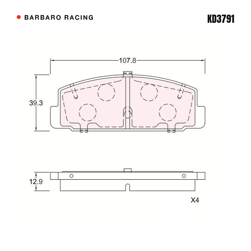 Barbaro Racing KD3791 brake pad shape drawing - 107.8 x 39.3 x 12.8 mm