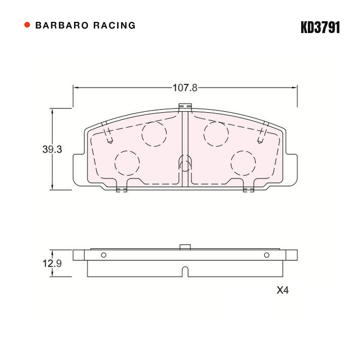 Barbaro Racing KD3791 brake pad shape drawing - 107.8 x 39.3 x 12.8 mm