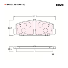 Barbaro Racing KD3791 brake pad shape drawing - 107.8 x 39.3 x 12.8 mm