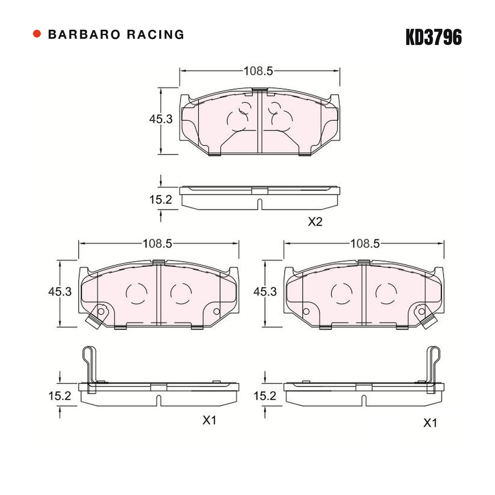Barbaro Racing KD3796 brake pad shape drawing - 108.5 x 45.3 x 15.2 mm