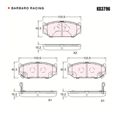 Barbaro Racing KD3796 brake pad shape drawing - 108.5 x 45.3 x 15.2 mm