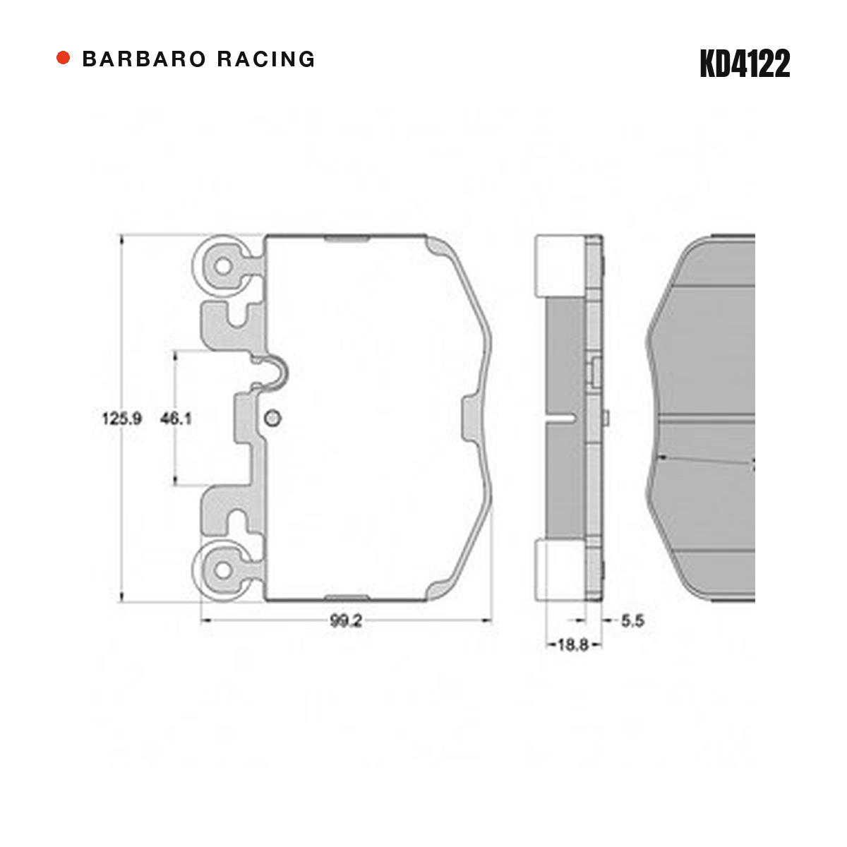 Barbaro Racing KD4122 brake pad shape drawing - 125.9 x 99.2 x 18.8 mm