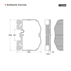 Barbaro Racing KD4122 brake pad shape drawing - 125.9 x 99.2 x 18.8 mm