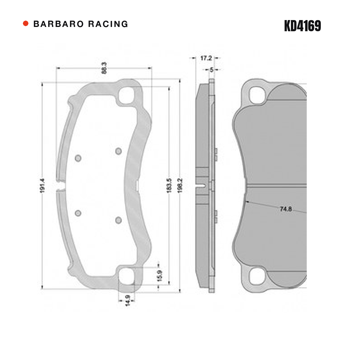 Barbaro Racing KD4169 brake pad shape drawing - 198.2 x 88.3 x 17.2 mm