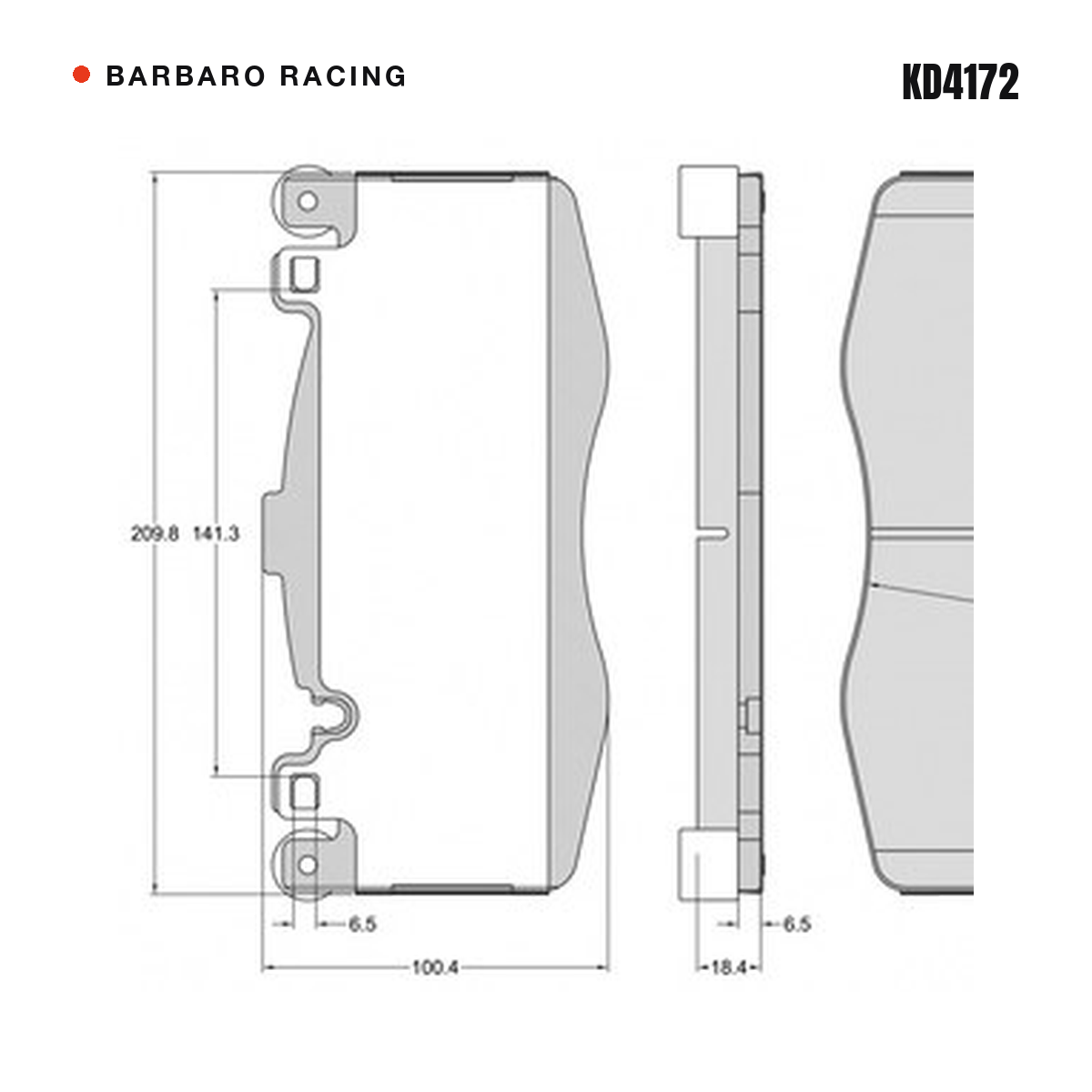 Barbaro Racing KD4172 brake pad shape drawing - 209.8 x 100.4 x 18.4 mm