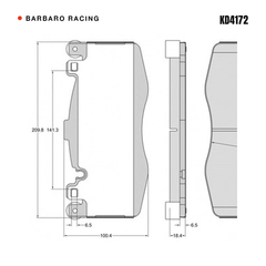 Barbaro Racing KD4172 brake pad shape drawing - 209.8 x 100.4 x 18.4 mm