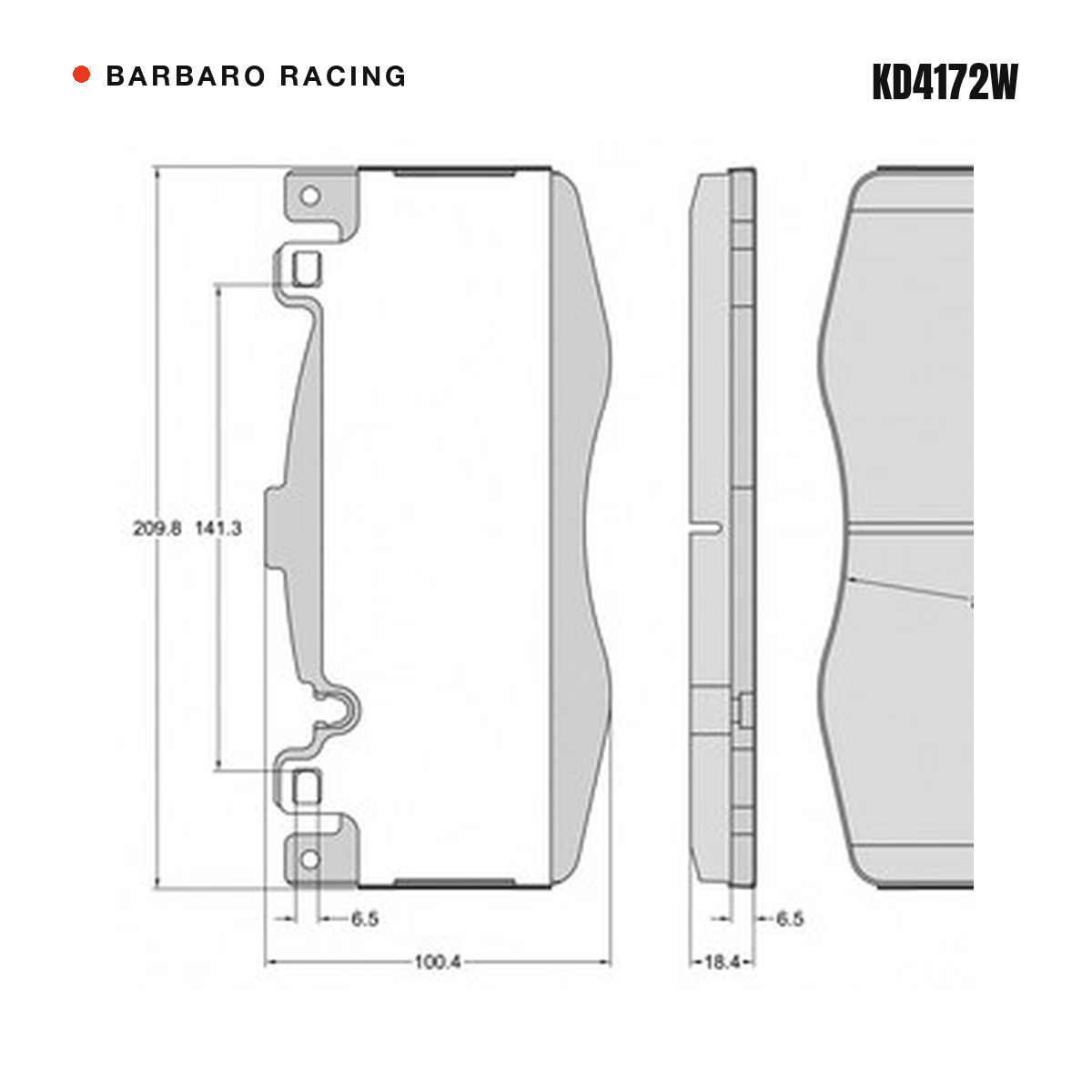 Barbaro Racing KD4172W brake pad shape drawing - 209.8 x 100.4 x 18.4 mm