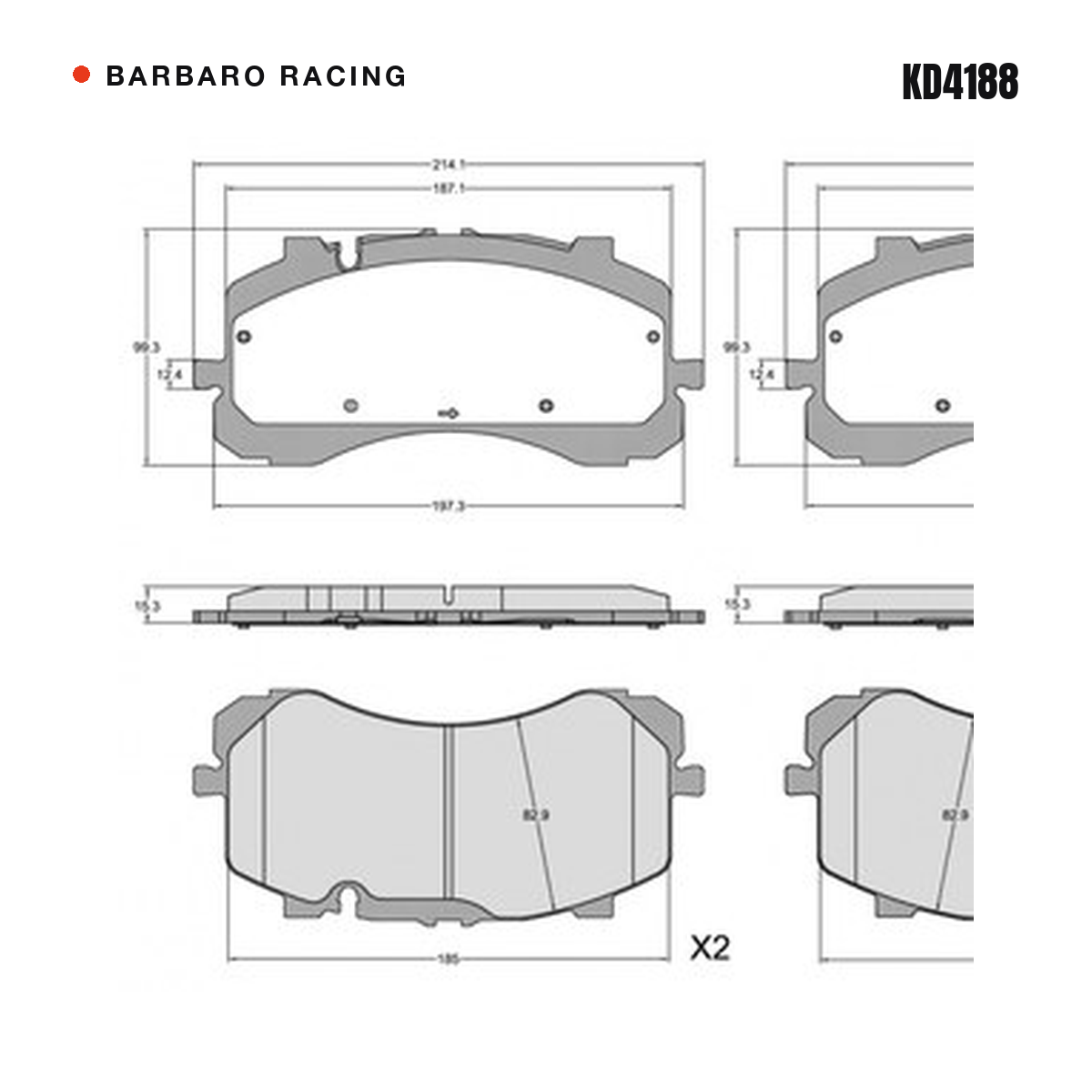 Barbaro Racing KD4188 brake pad shape drawing - 214.1 x 99.3 x 15.3 mm
