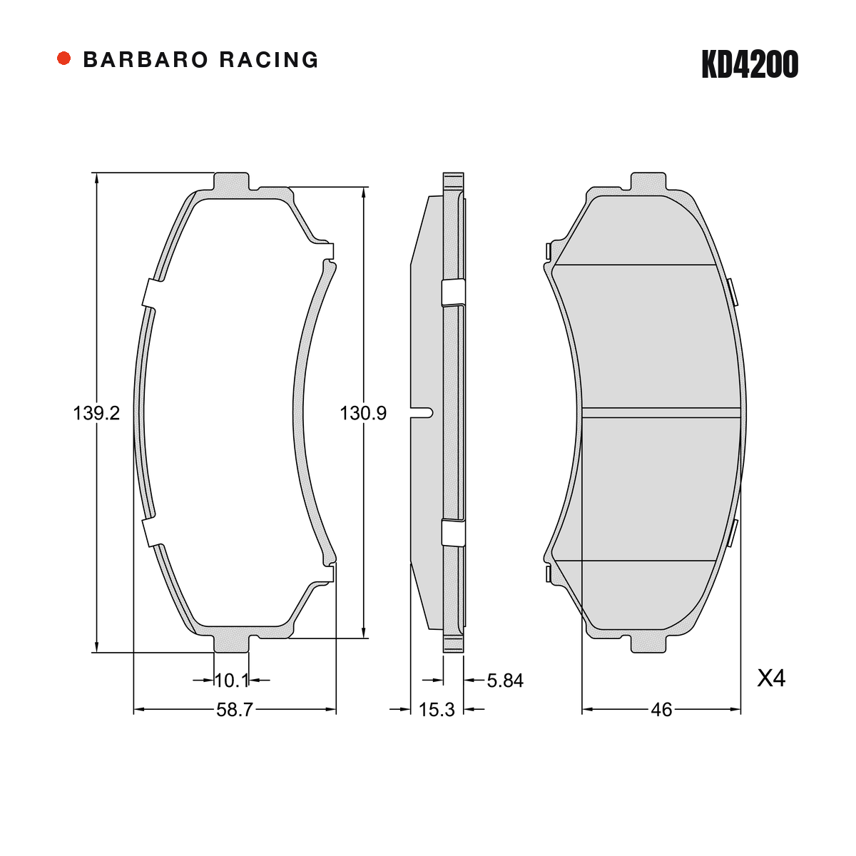 Barbaro Racing KD4200 brake pad shape drawing - 139.3 x 58.8 x 15.3 mm