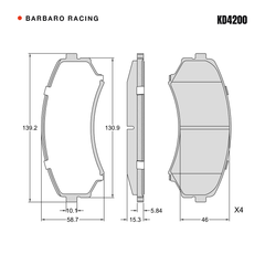 Barbaro Racing KD4200 brake pad shape drawing - 139.3 x 58.8 x 15.3 mm