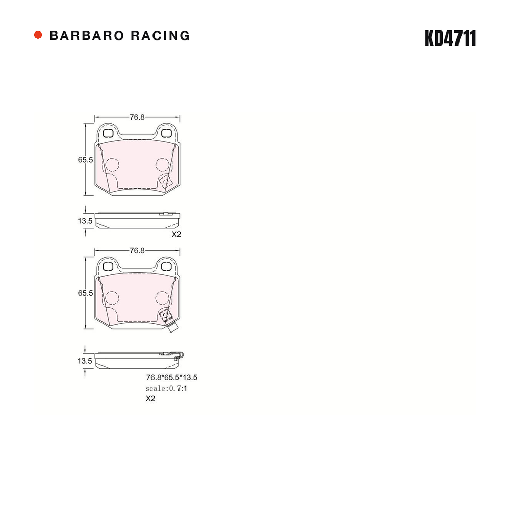 Barbaro Racing KD4711 brake pad shape drawing - 76.8 x 65.5 x 13.5 mm