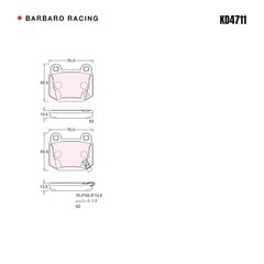 Barbaro Racing KD4711 brake pad shape drawing - 76.8 x 65.5 x 13.5 mm
