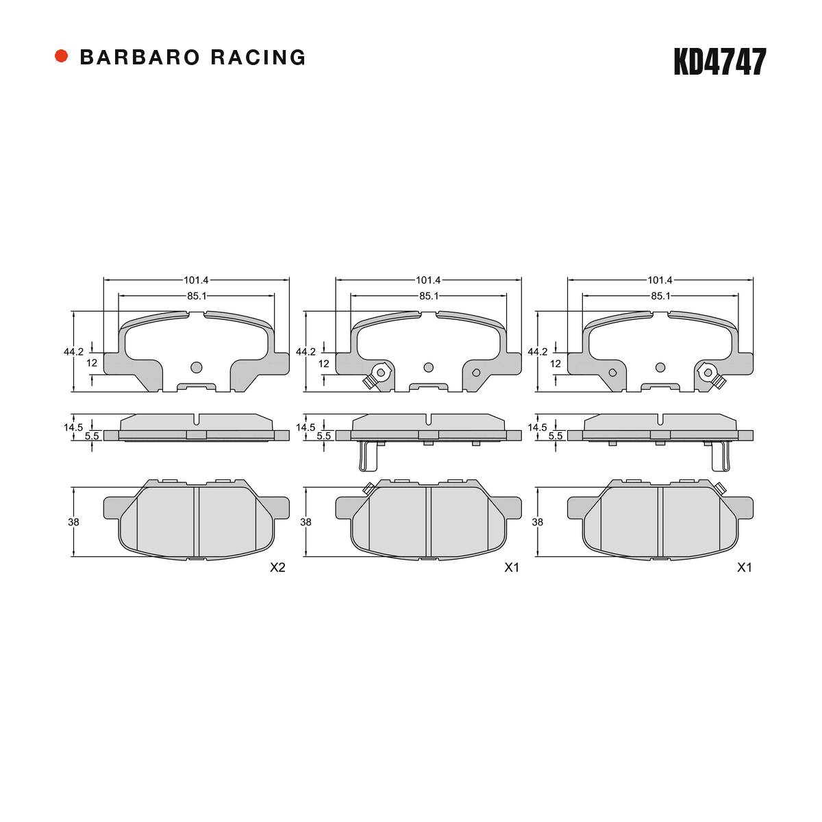 Barbaro Racing KD4747 brake pad shape drawing - 101.4 x 44 x 14.5 mm