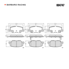 Barbaro Racing KD4747 brake pad shape drawing - 101.4 x 44 x 14.5 mm