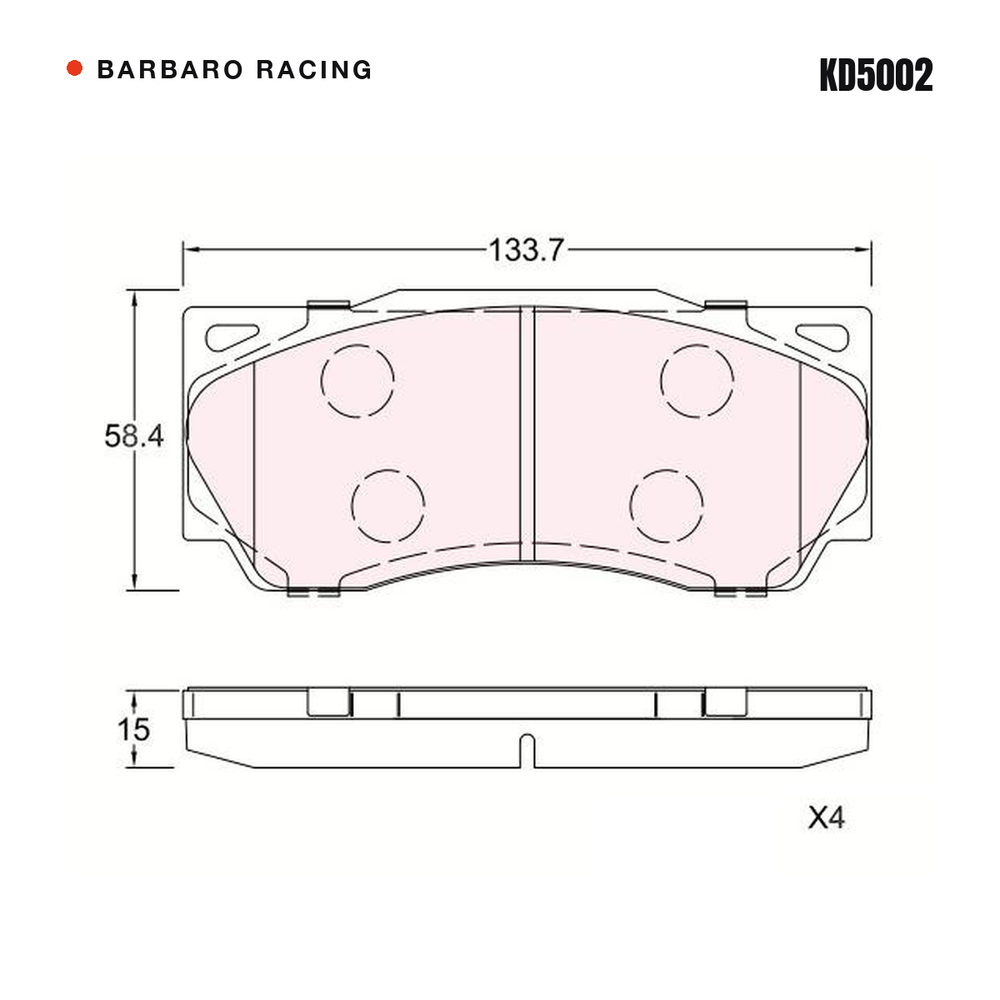 Barbaro Racing KD5002 brake pad shape drawing - 133.7 x 58.4 x 15 mm