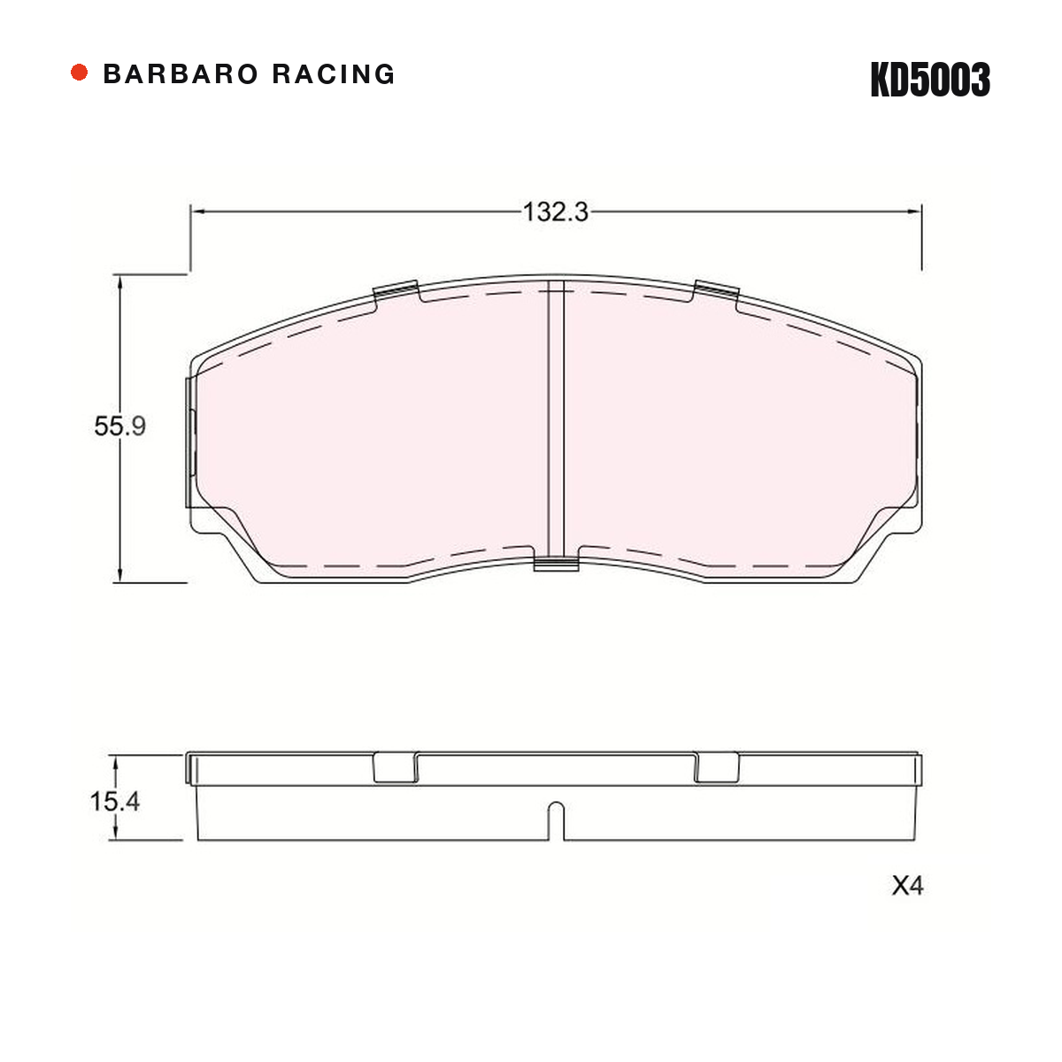 Barbaro Racing KD5003 brake pad shape drawing - 132.3 x 55.9 x 15.4 mm