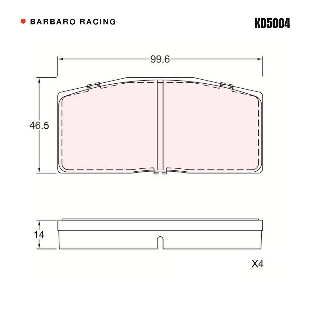 Barbaro Racing KD5004 brake pad shape drawing - 99.6 x 46.5 x 14 mm