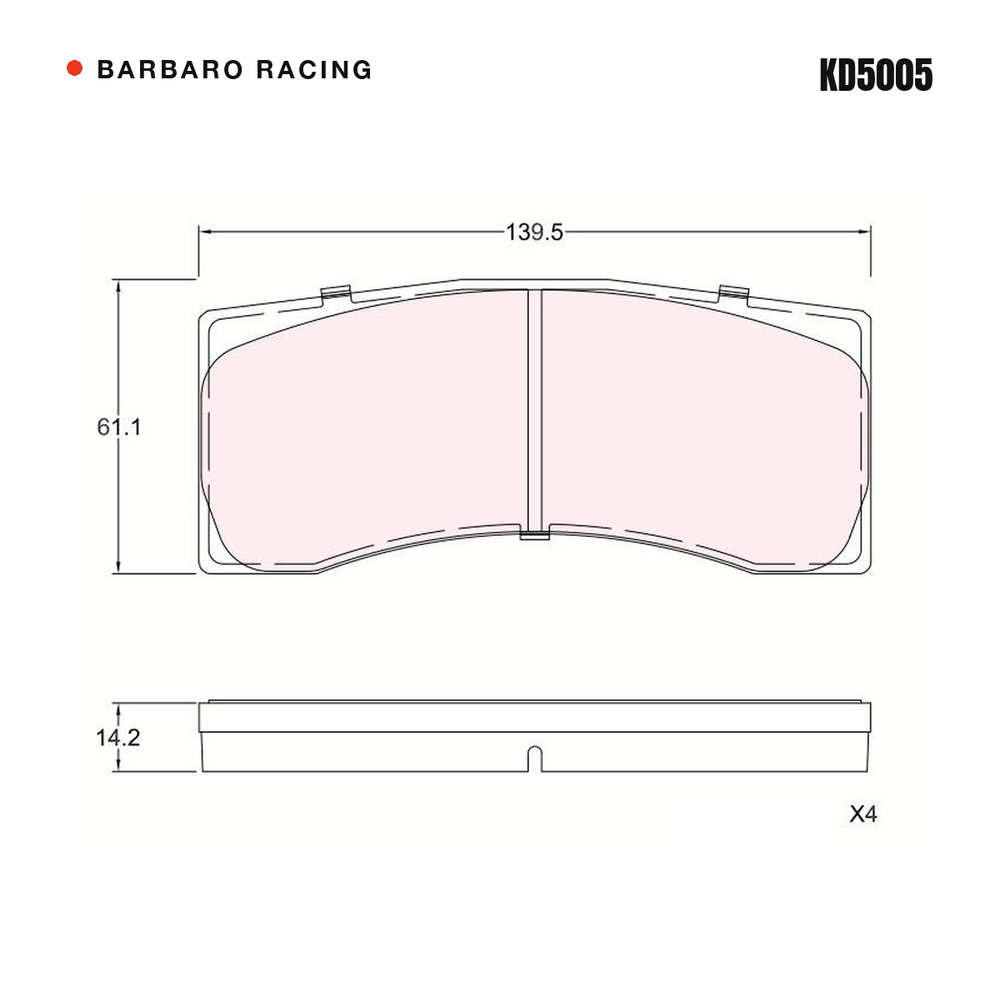 Barbaro Racing KD5005 brake pad shape drawing - 139.5 x 61.1 x 14.2 mm