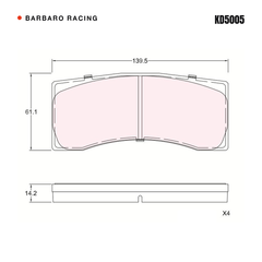 Barbaro Racing KD5005 brake pad shape drawing - 139.5 x 61.1 x 14.2 mm